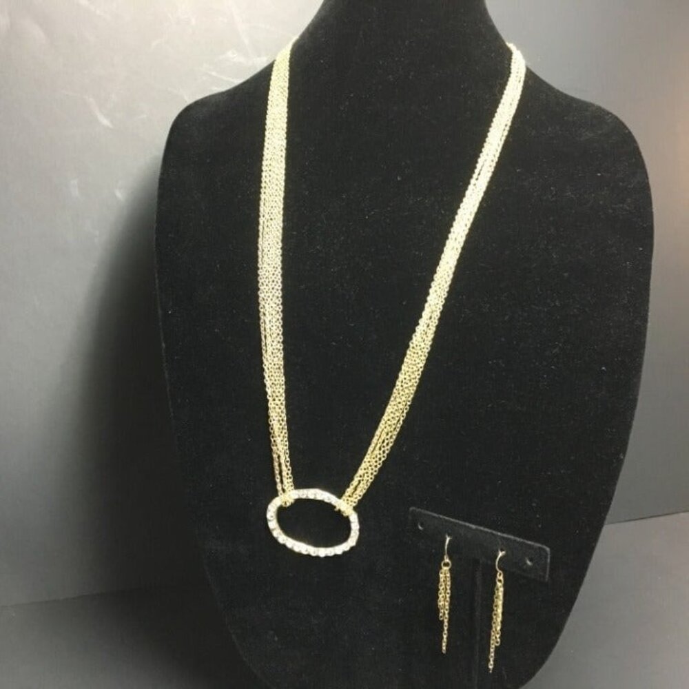 Oval Necklace Fringe Earrings 28 In Rhinestone Gold Multi Chain Organic Tassel